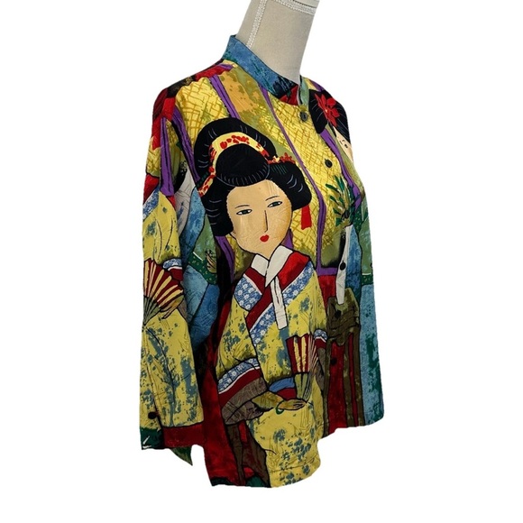 Chico’s Design Shirt 100% Silk Oriental Geisha Button Up Blouse Size Large Art - Picture 2 of 7
